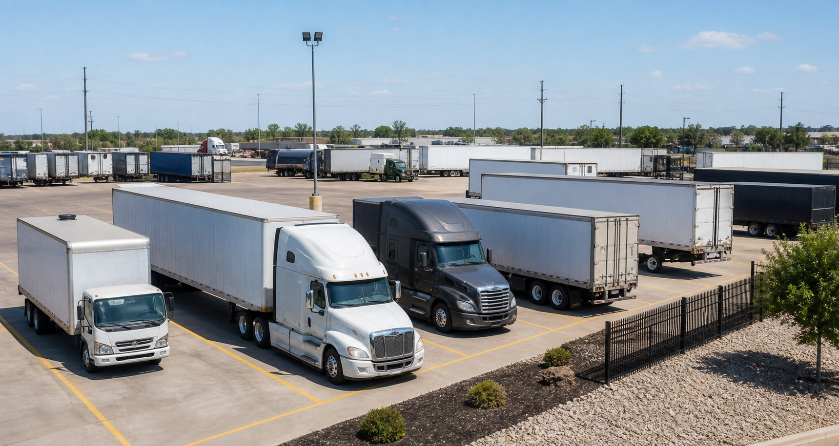 Mixed commercial vehicles parked in marked spaces