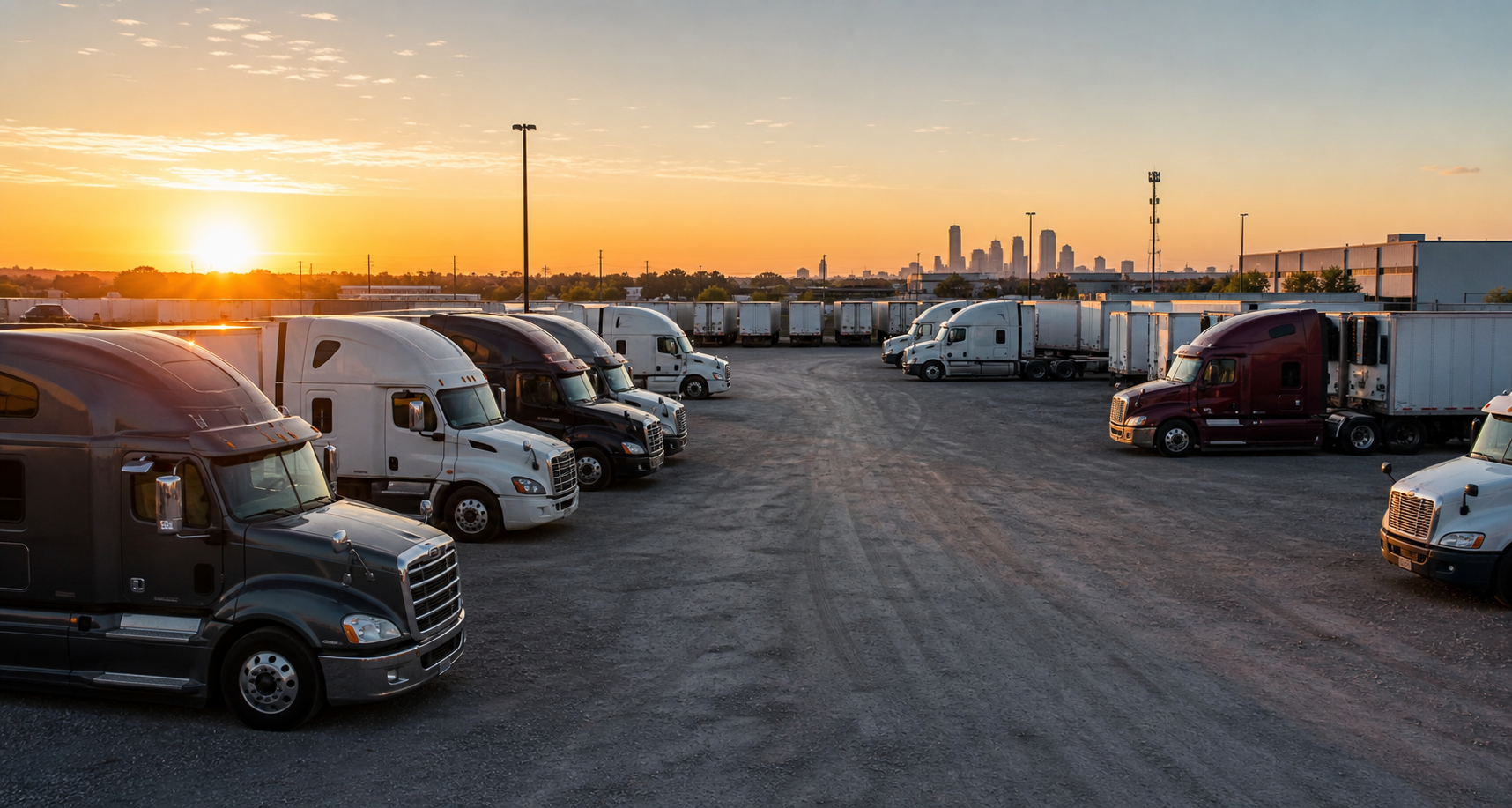 Commercial trucks parked in a secure yard at sunrise